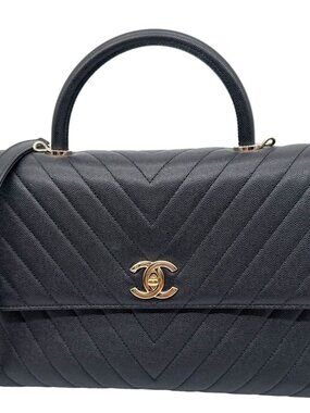 Chanel  Coco Handle Flap Medium Quilted Chevron Caviar Leather Crossbody Bag Bla